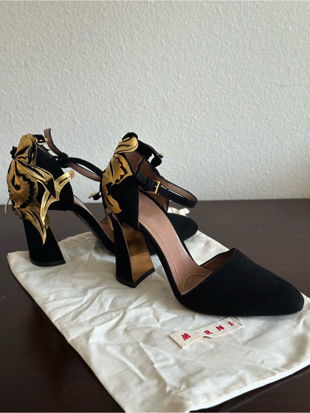 Marni Black Suede Pumps with Gold Floral Appliqué
